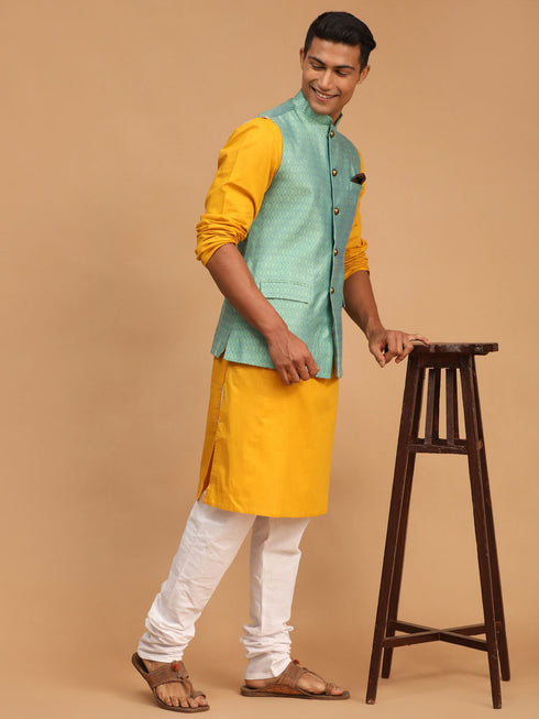 Men's Green Jacquard Nehru Jacket With Kurta Pyjama Set